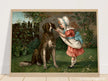 Girl in pink dress and white bonnet with dog vintage illustration poster by Knapp 1892