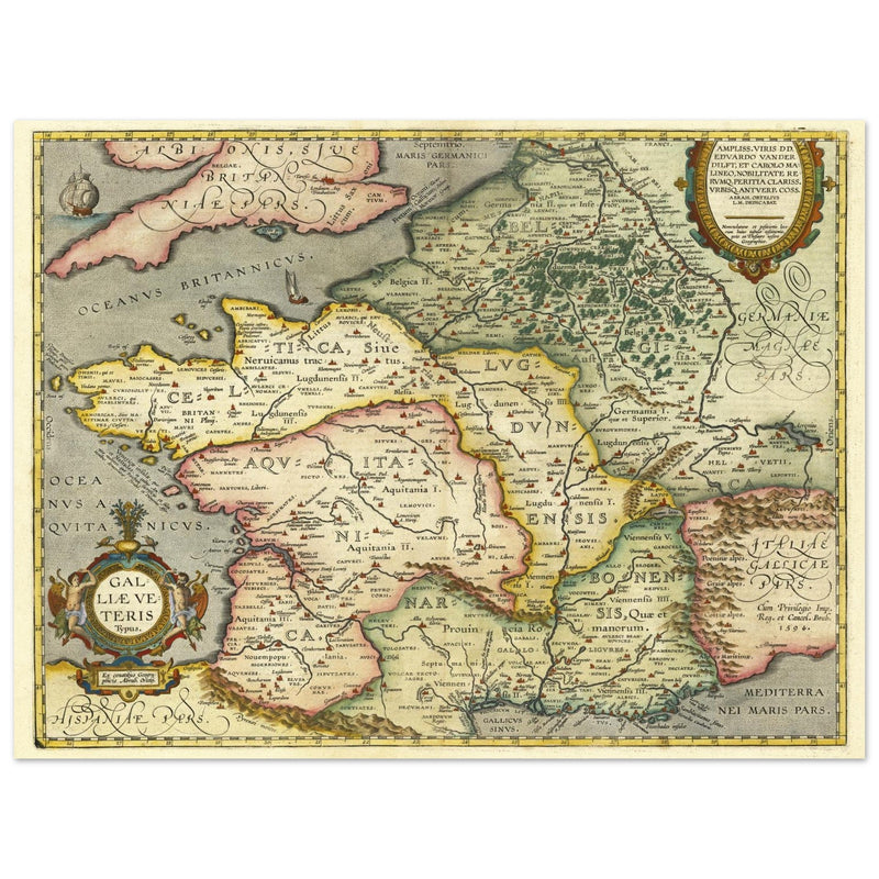 Galliae Veteris Typus by Abraham Ortelius. Ancient map of  Gaul ( now France ) .