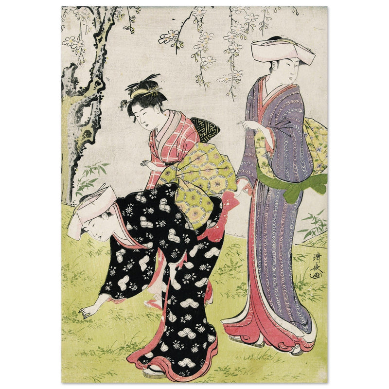 Two women and a girl under a blossoming cherry tree by Torii Kiyonaga XVIII Century Woodblock print reproduction .