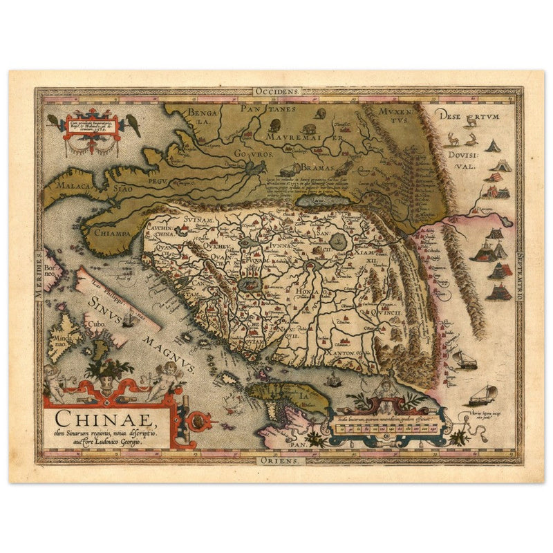 Ancient map of China by cartographer Abraham Ortelius 1584. Vintage historic map.
