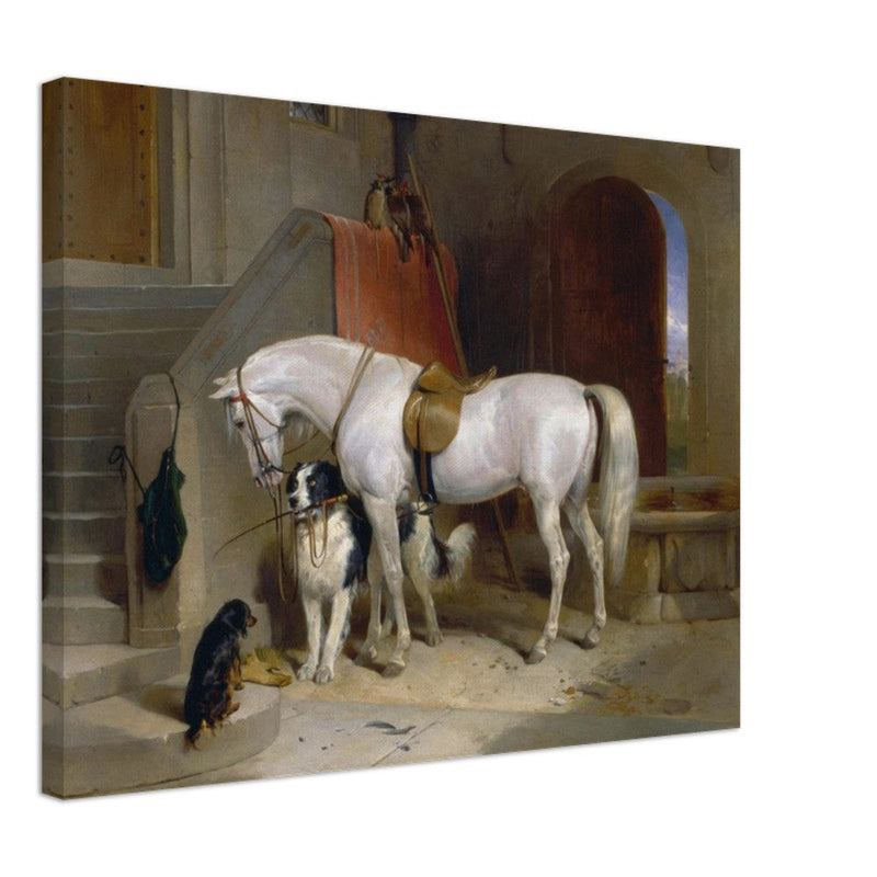 White horse in stable with dogs antique painting by Edwin Landseer.