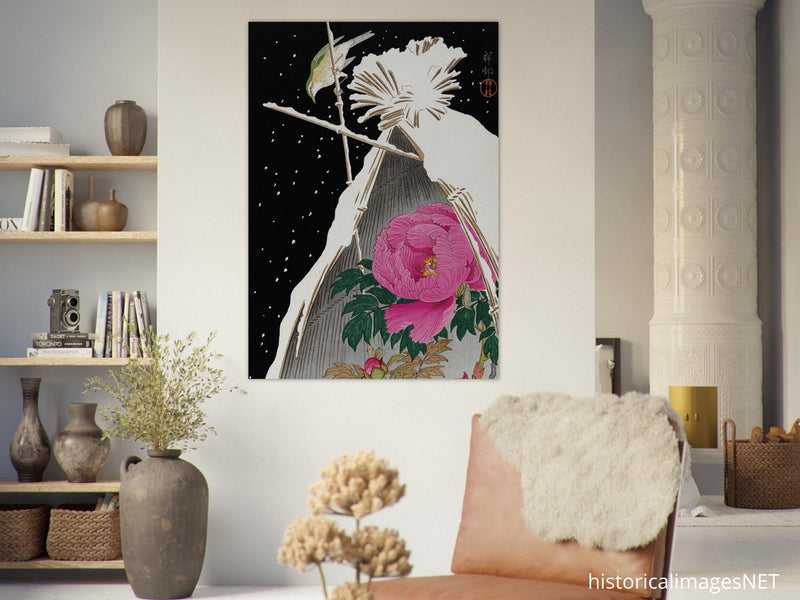 Siberian Bluechat next to a Peony sheltered by a Snowcovered Hay Sheaf by Ohara Koson, Woodblock print reproduction, Fine Art,