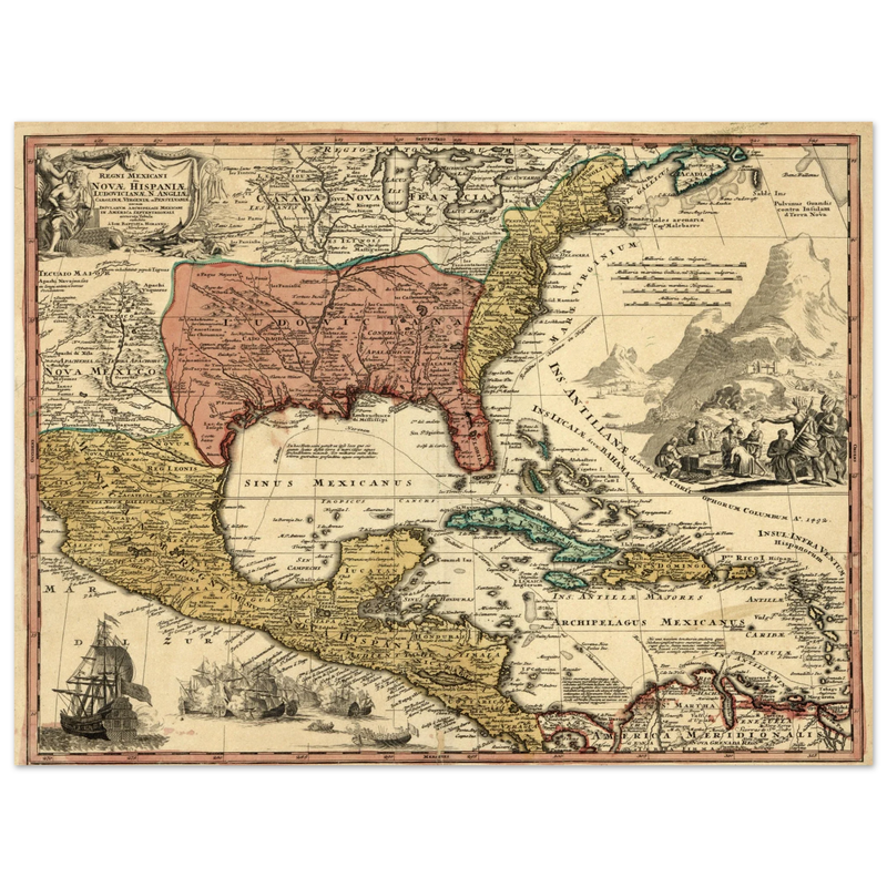 Ancient map of North America. Regni Mexicani seu Novae Hispaniae, Ludovicianae, N. Angliae, Carolinae, Virginae et Pennsylvaniae by Johann Baptist Homann