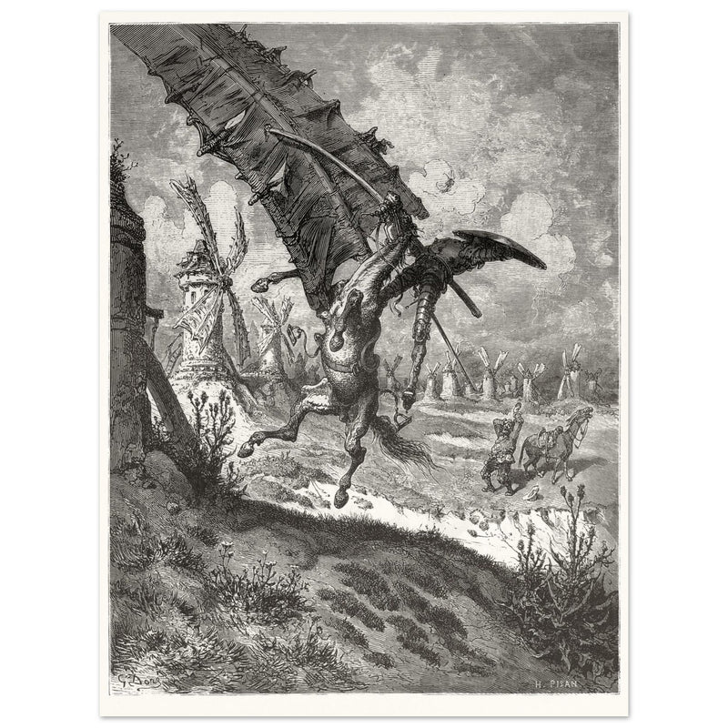 Don Quixote illustration by Gustave Dore. Fight with the wind mills .