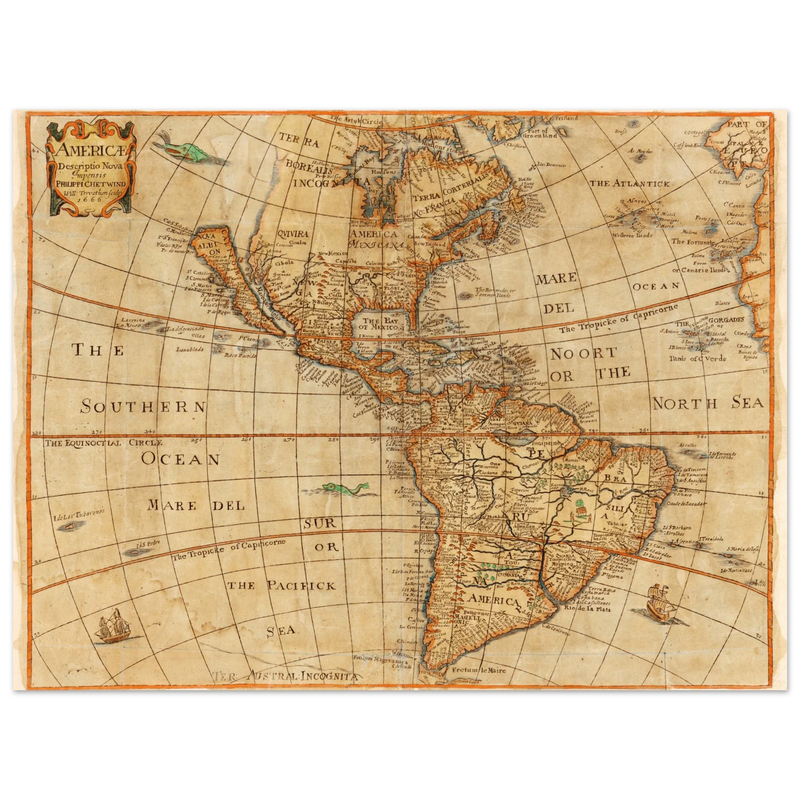 Ancient map of America. "Americae Descriptio Nova" by Philip Chetwind