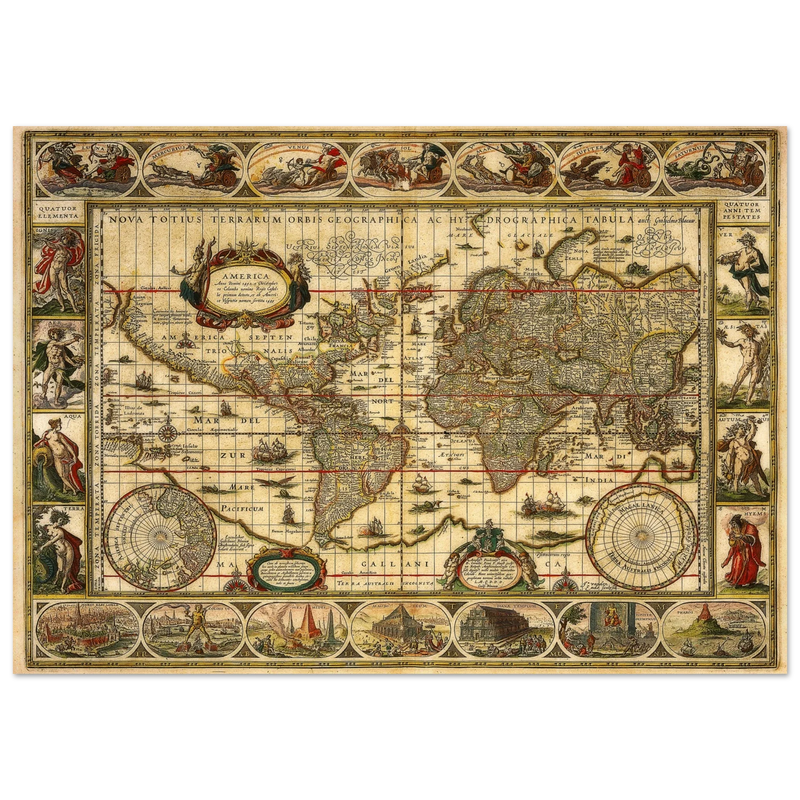 Ancient world map print by Willem Janszoon. Poster of antique vintage old map of 1647.