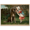 Girl in pink dress and white bonnet with dog vintage illustration poster by Knapp 1892