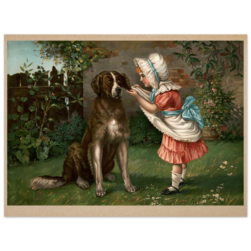 Girl in pink dress and white bonnet with dog vintage illustration poster by Knapp 1892