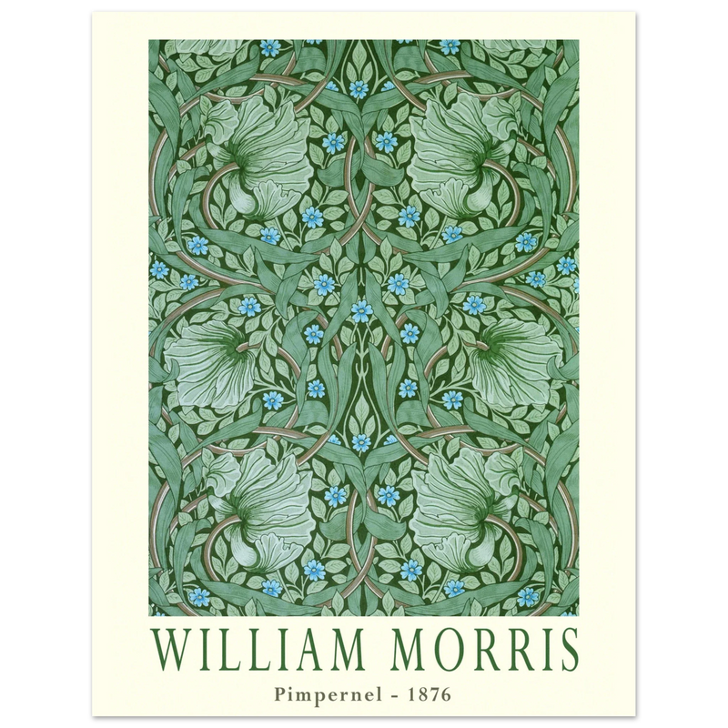 William Morris Pimpernel 1876. Green leaves and flowers wintage wallpaper art print.