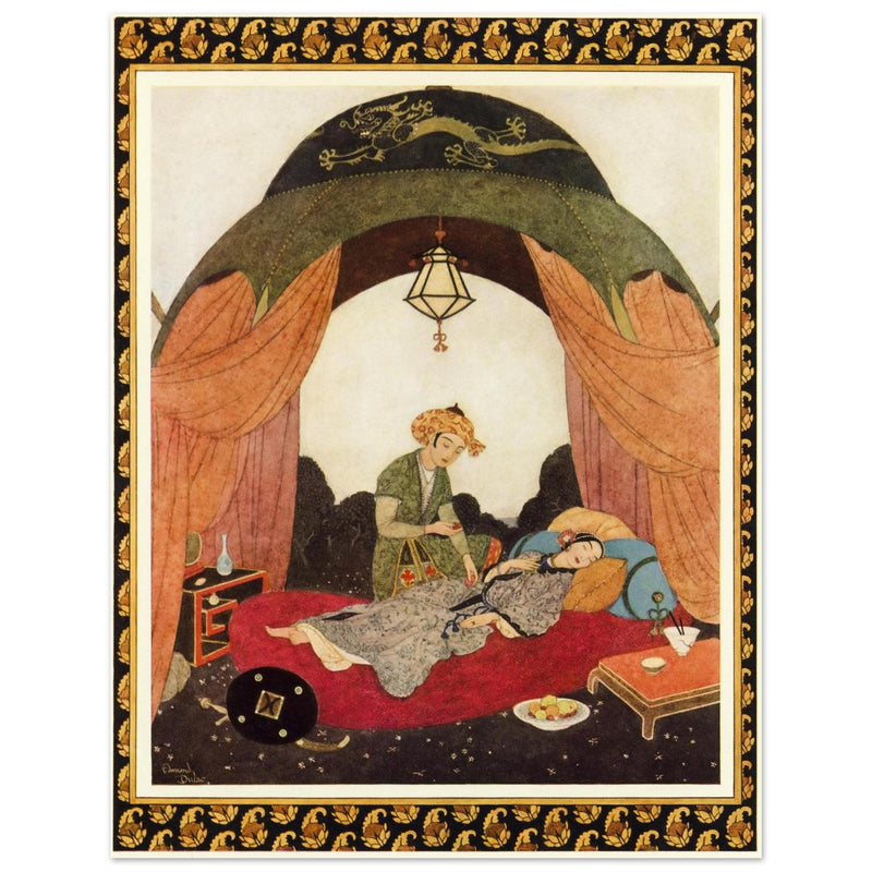 Edmund Dulac and one of his illustration for Princess Badoura fairy tale. Camaralzaman Finds the Talisman .