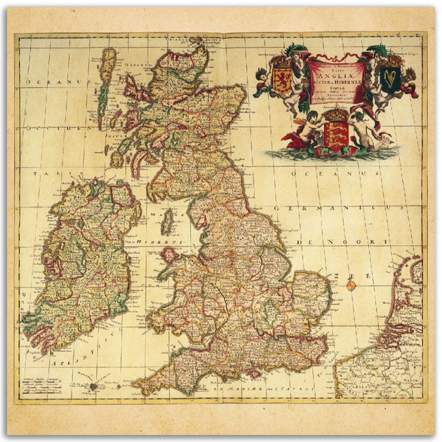 Antique map of Angliae , Scotiae et Hibernae tabula. Vintage map print reproduction of 1684 England, Scotland and Ireland.