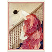 George Wolfe Plank vintage fashion magazine illustration. Woman on staircase throwing down rose flower.