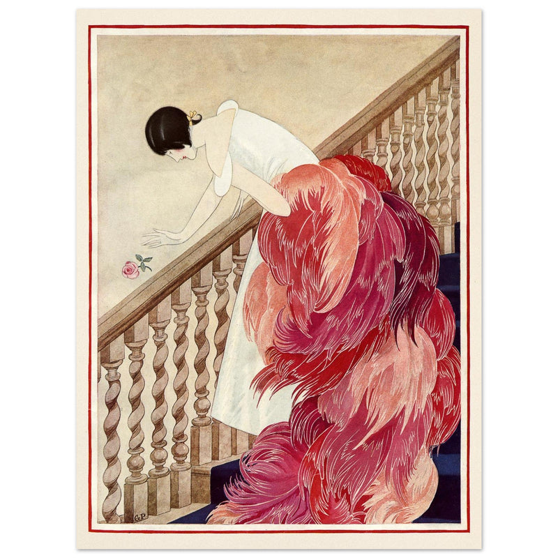 George Wolfe Plank vintage fashion magazine illustration. Woman on staircase throwing down rose flower.