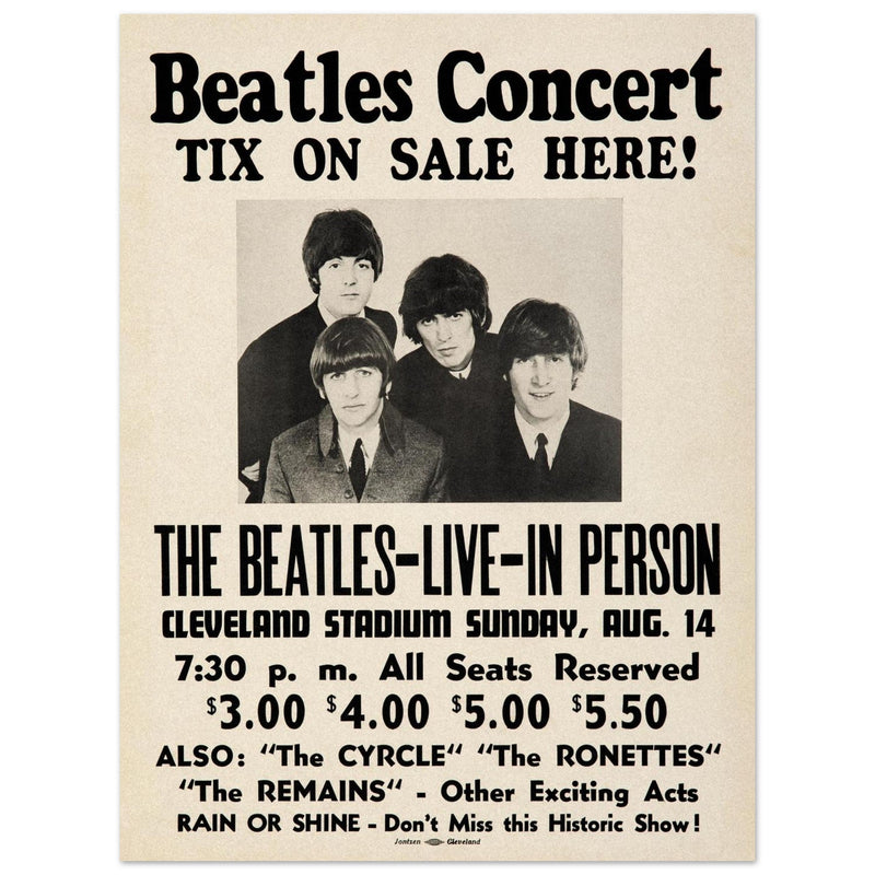 The Beatles music poster. Performance in Cleveland Ohio stadium in 1966.