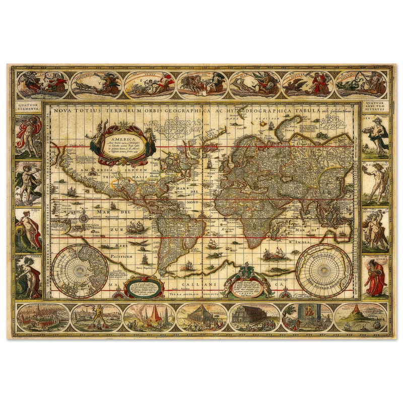 Ancient world map print by Willem Janszoon. Poster of antique vintage old map of 1647.