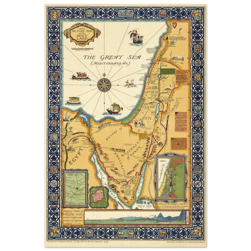 The Picture Map of the Holy Land by Harold Haven Brown . Biblical Palestine vintage map.