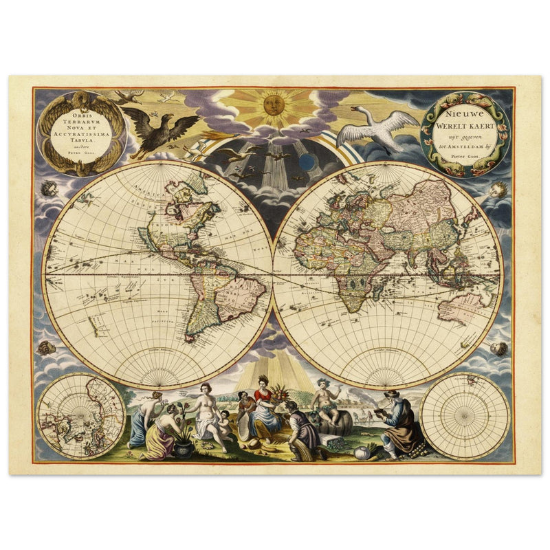World map reproduction of the XVII century by Pieter Goos illustrated map