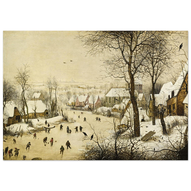 Winter Landscape with Skaters and Birds Trap painting by pieter Bruegel The Elder.