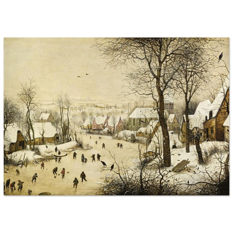 Winter Landscape with Skaters and Birds Trap painting by pieter Bruegel The Elder.