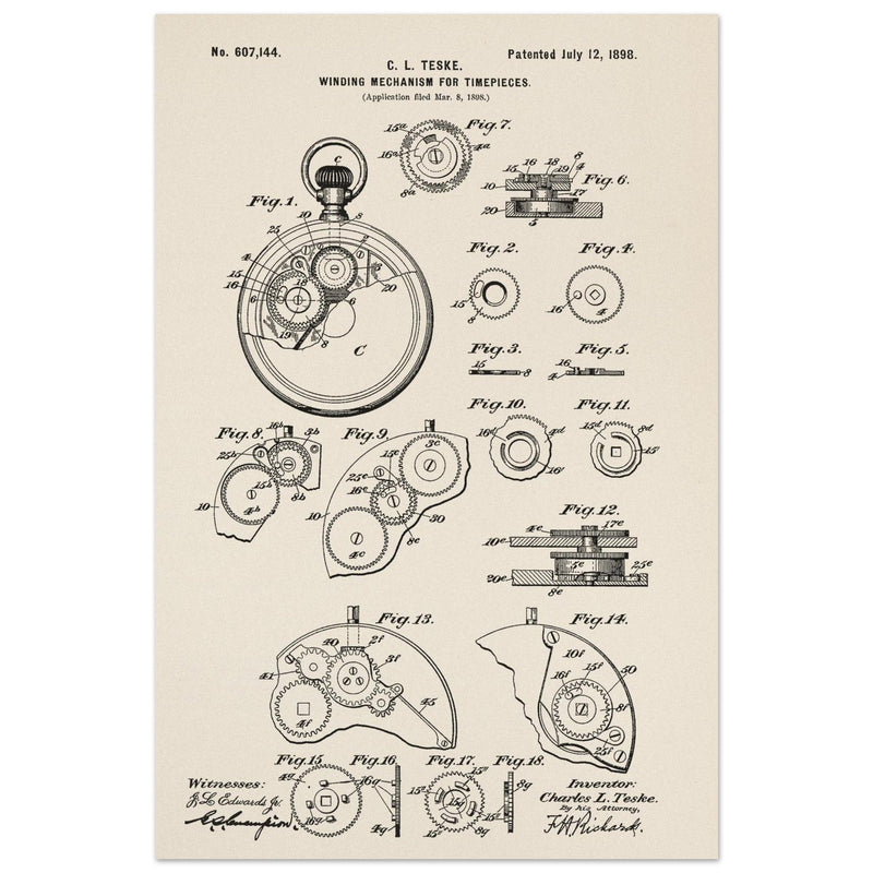 Winding Mechanism for Time Pieces, vintage clock patent .
