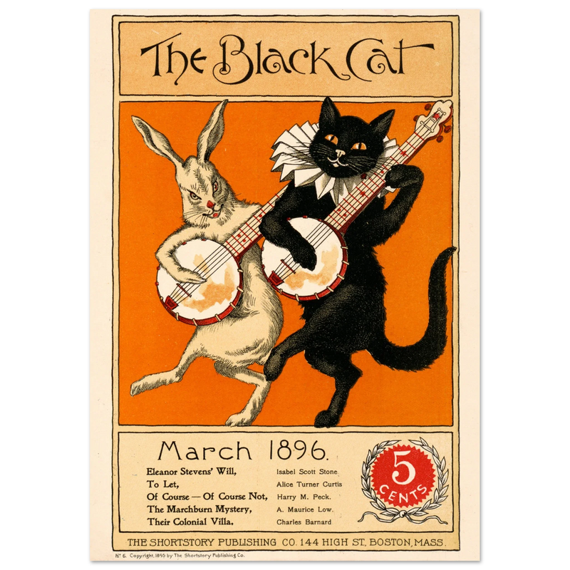 Rabbit and black cat playing banjos together as the cover illustration for The Black Cat Poster reproduction
