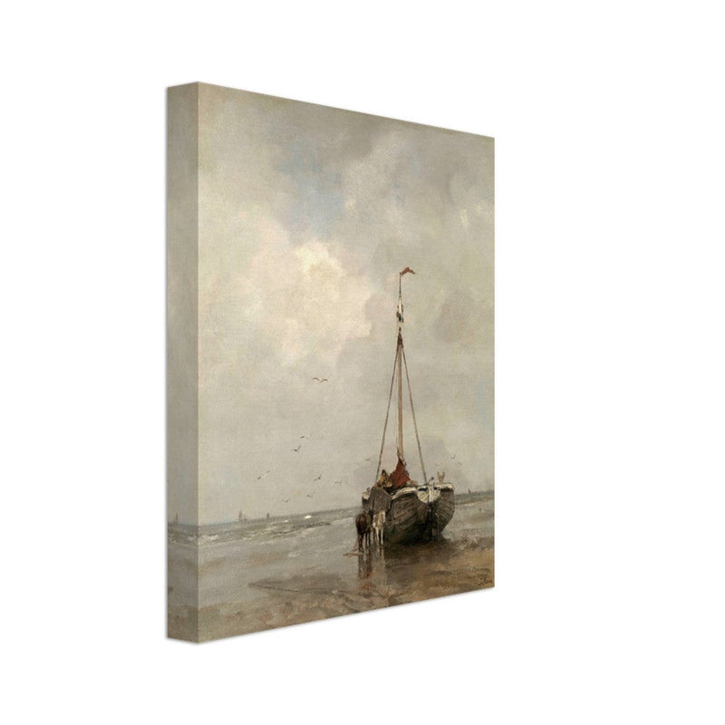 Jacob Maris old marine painting Bluff-bowed Fishing Boat on the Beach at Scheveningen.