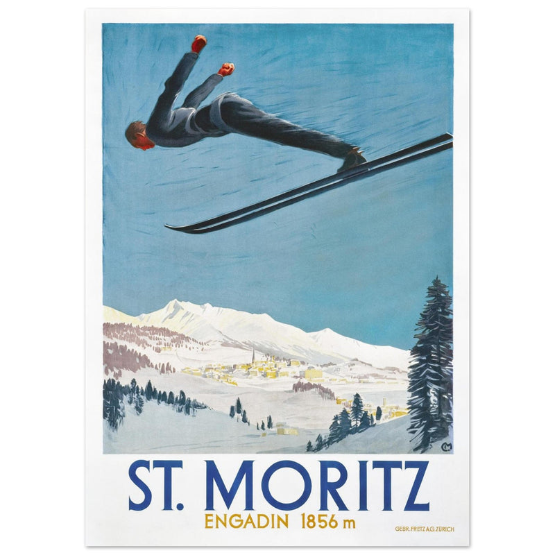 St Moritz vintage travel poster.  Skiing destination