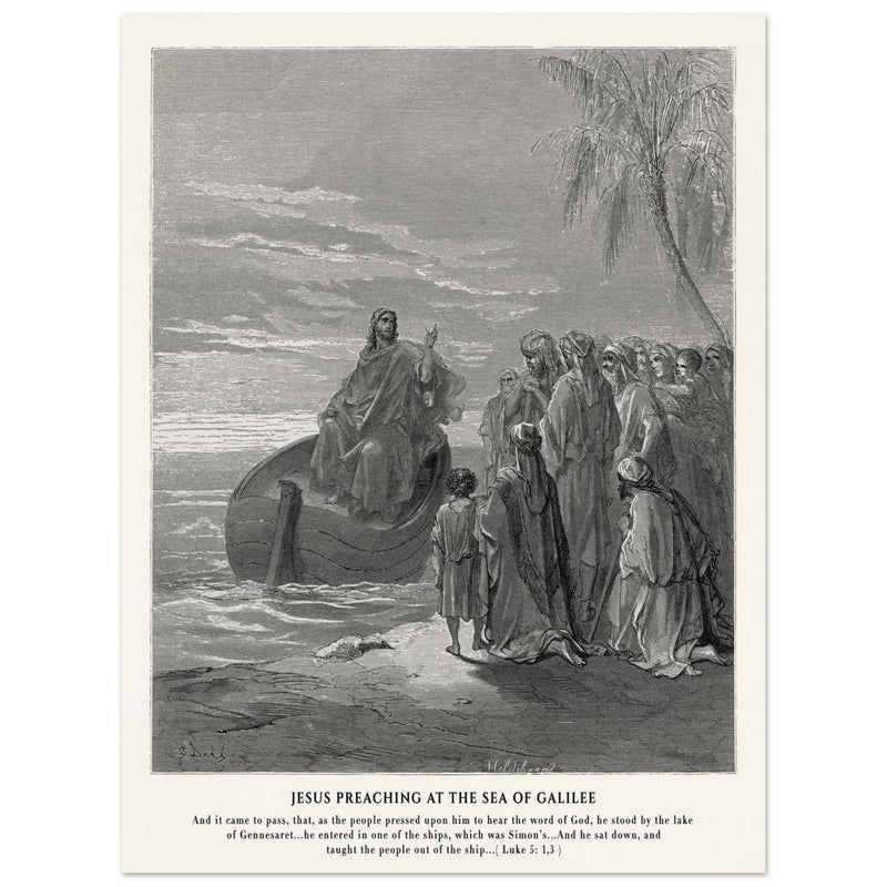 Gustave Dore The Bible engraving print . Jesus preaching at the sea of Galilee .