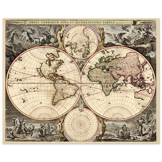 Antique world map print reproduction of the XVII Century. Orbis terrarum nova by Nicolaes Visscher II