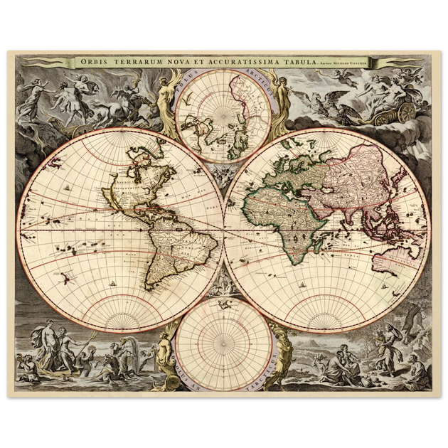 Antique world map print reproduction of the XVII Century. Orbis terrarum nova by Nicolaes Visscher II