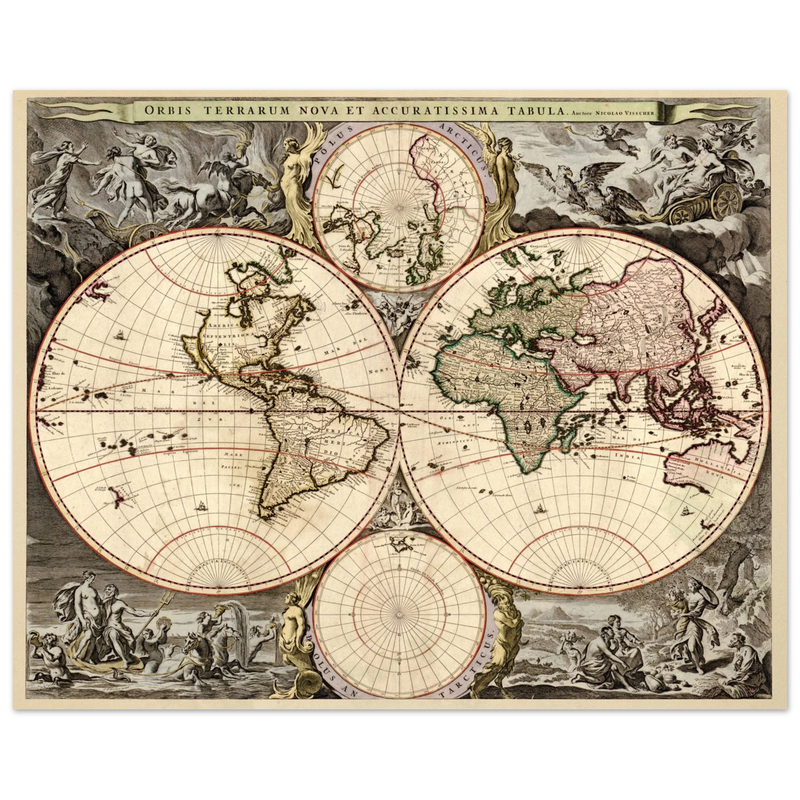 Antique world map print reproduction of the XVII Century. Orbis terrarum nova by Nicolaes Visscher II