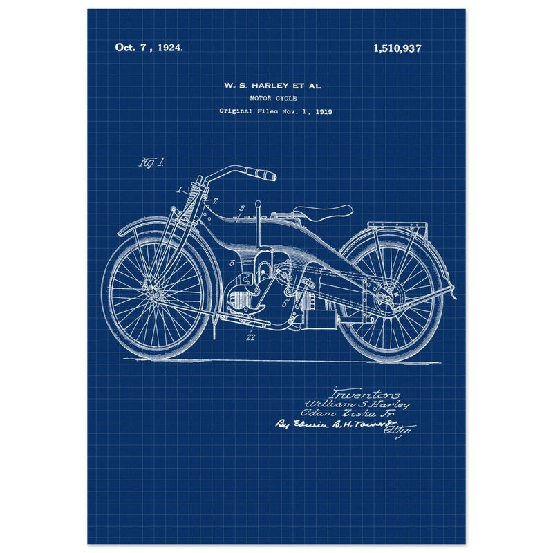 Vintage motorcycle patent by William S Harley founder of harley davidson.