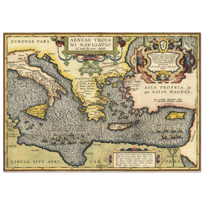 Ancient map of Europe and Asia tracing the sea route to Troy across the Mediterranean sea by Abraham Ortelius