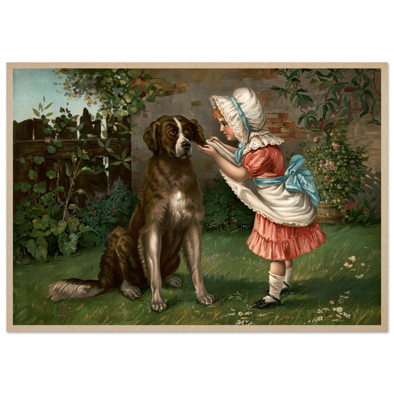 Girl in pink dress and white bonnet with dog vintage illustration poster by Knapp 1892
