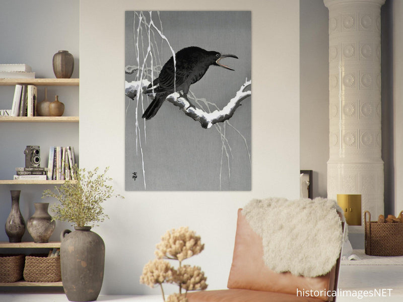 Crow on snowy tree branch by Ohara Koson, ,