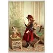 Young girl holding up piece of food in front of begging dog vintage illustration poster 1890