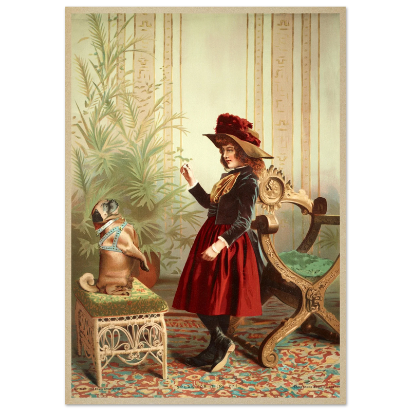 Young girl holding up piece of food in front of begging dog vintage illustration poster 1890