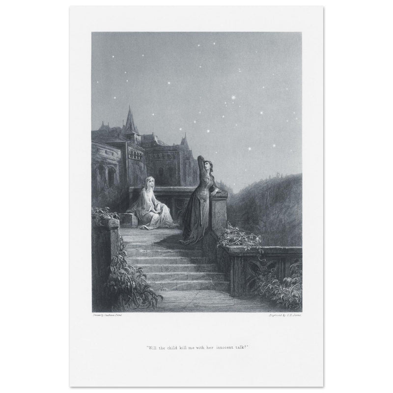 Gustave Dore illustration of King Arthur legend . Terrace scene with Guinevere. From the book Idylls of the King by Alfred Tennyson.
