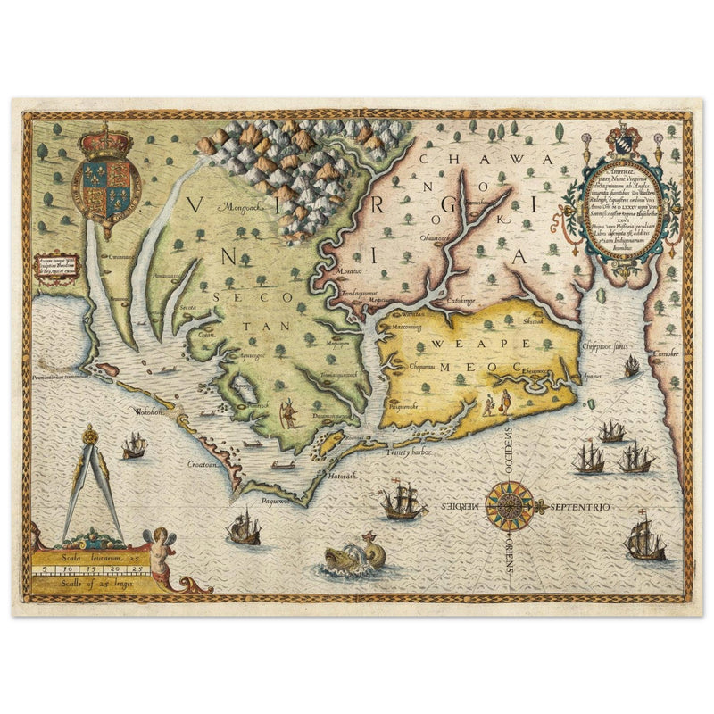 Ancient map of Virginia by Theodor de Bry XVI Century.