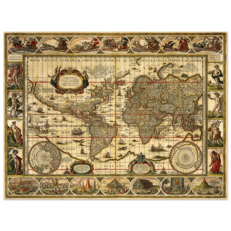 Ancient world map print by Willem Janszoon. Poster of antique vintage old map of 1647.