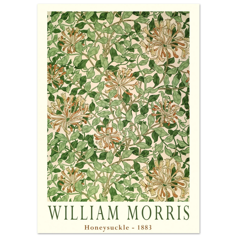 William Morris art print Honeysuckle wallpaper. Vintage flower and leaves poster.