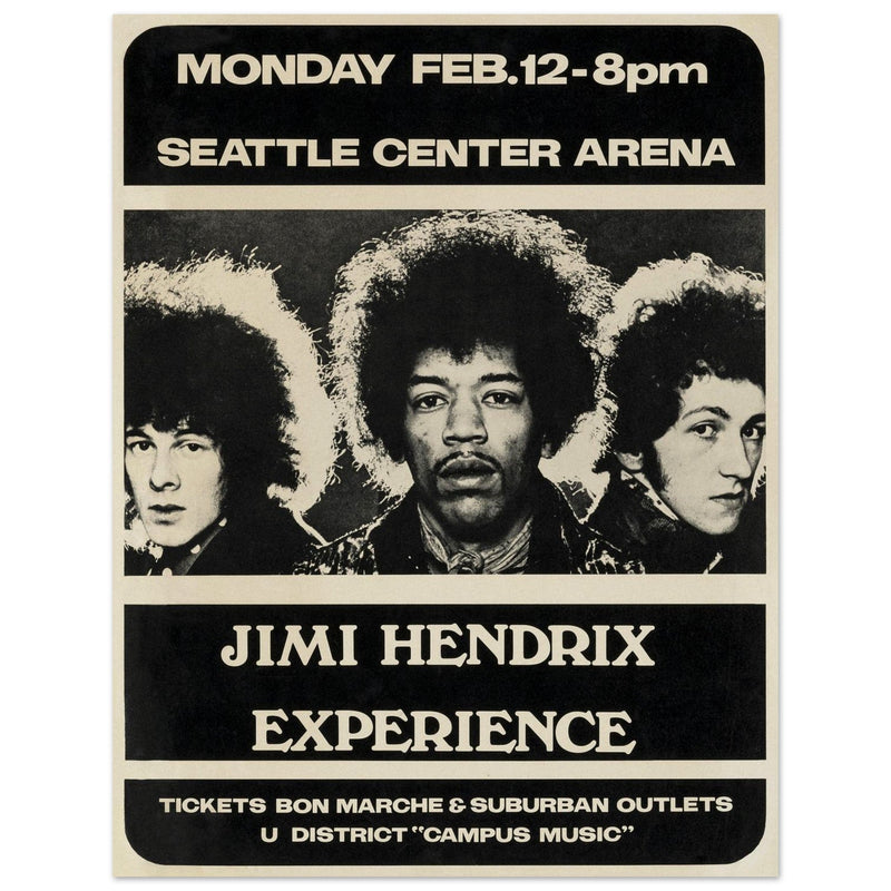Jimi Hendrix concert poster of his performance at the Seattle Center Arena in 1968.