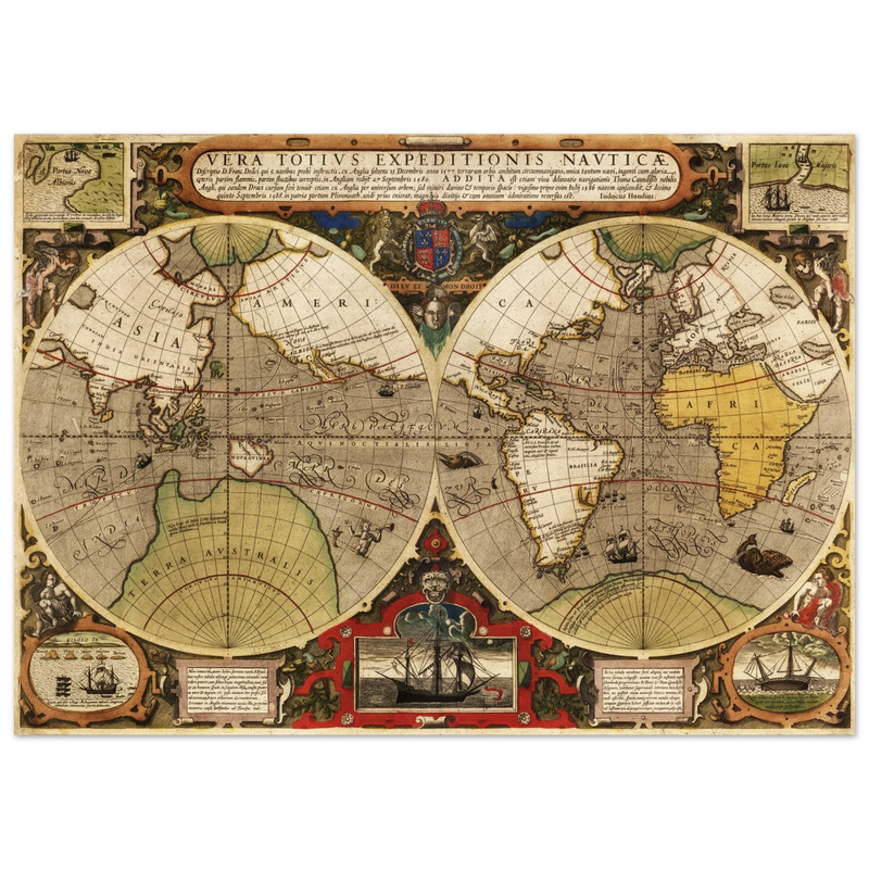 Vera Totius Expeditionis Nauticae double hemisphere map by Jodocus Hondius
