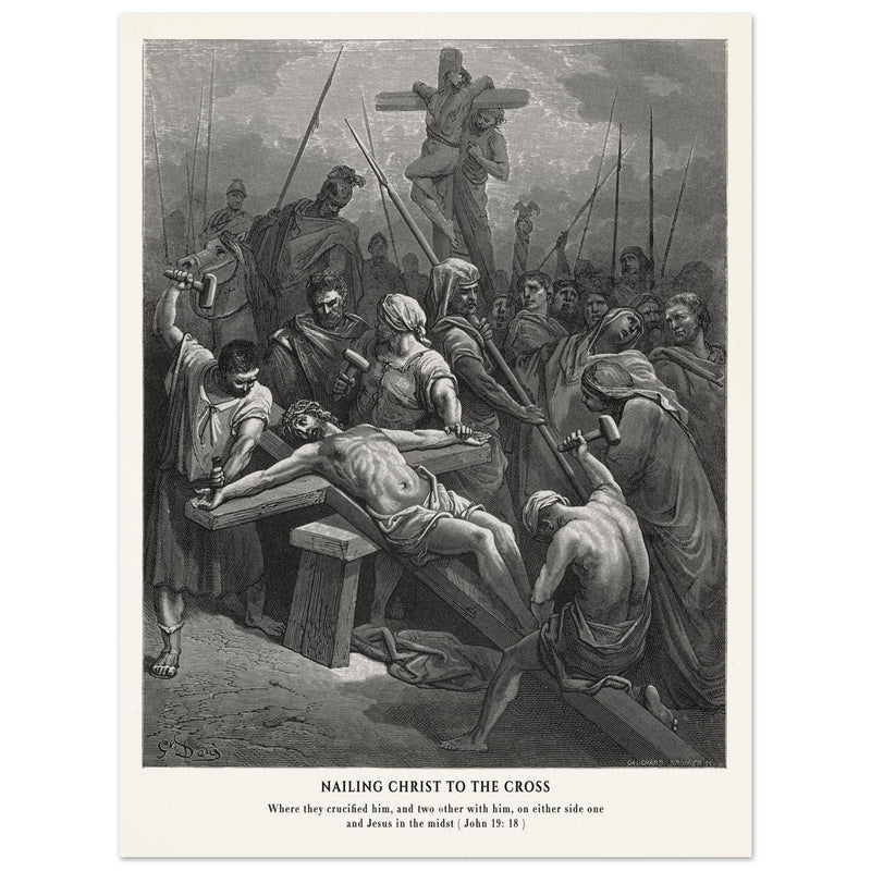 Gustave Dore The Bible engraving print . Nailing Christ to the cross illustration .