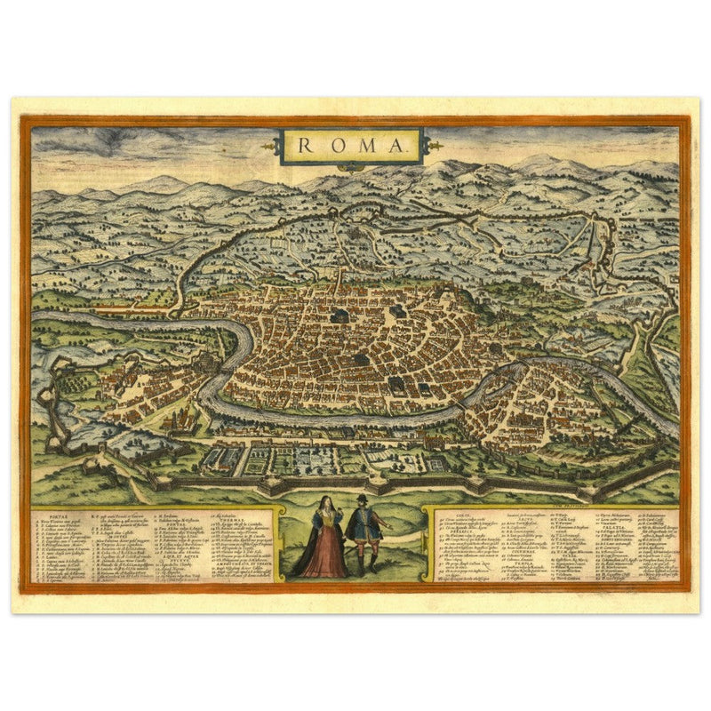 Rome Italy antique vintage city map. 1572 ancient map of the italian capital by Georg Braun and  Frans Hogenberg.