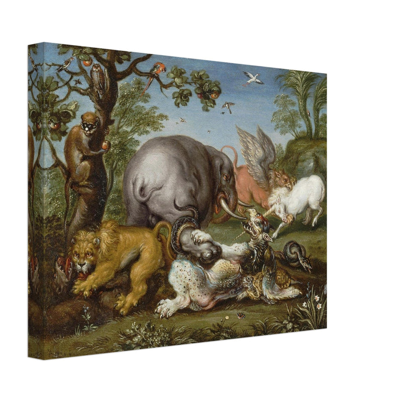 Battle of the beasts painting by Circle of Roelandt Savery  XVII Century.