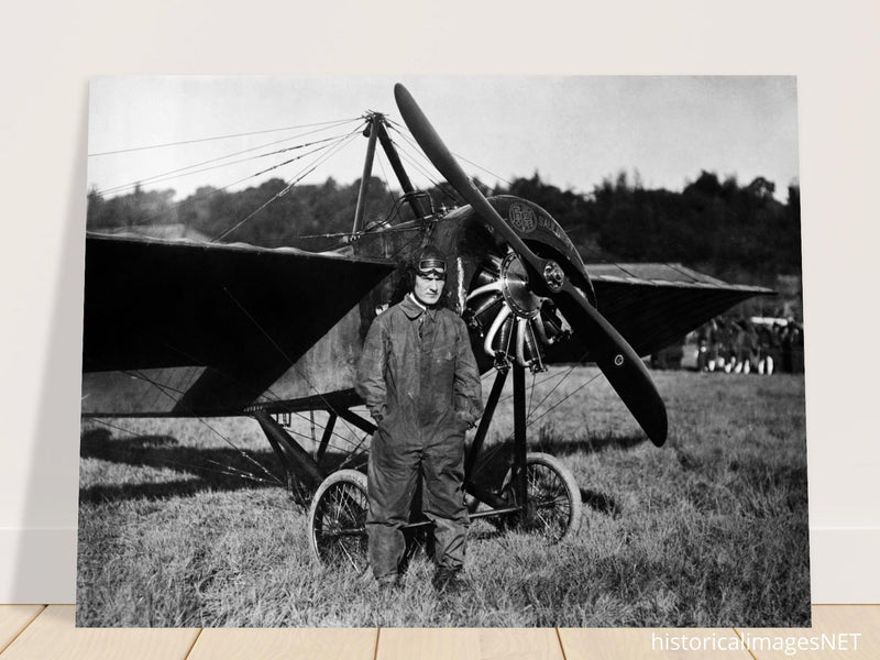 American aviator Frank Champion with vintage airplane 1915