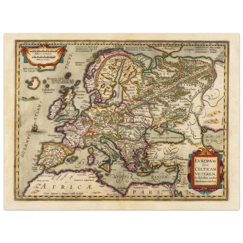 Ancient map of Europe and the Celts. Europam sive Celticam veterem by Abraham Ortelius.