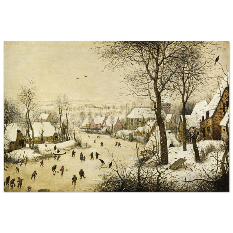 Winter Landscape with Skaters and Birds Trap painting by pieter Bruegel The Elder.