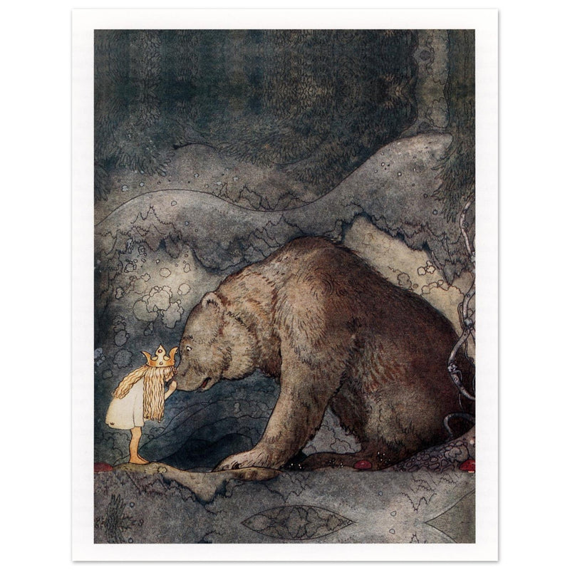 John Bauer the little princess and the bear vintage illustration . From the fairy tale Bella's Glorious Adventure.